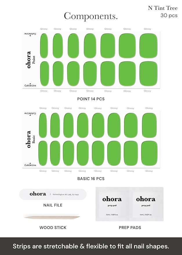 ohora Semi Cured Gel Nail Strips (N Tint Tree) - Green, Tint, Works with Any UV/LED Nail Lamps, Salon-Quality, Long Lasting, Easy to Apply & Remove - Includes 2 Prep Pads, Nail File & Wooden Stick
