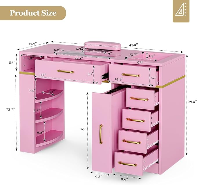 Nail Tech Table with Dust Collector, Glass Top Manicure Table Nail Desk Station w/7 Drawers & 3-Tiers Open Shelves, Nail Beauty Workstation w/Wrist Cushion & Golden Handles(Pink-New)