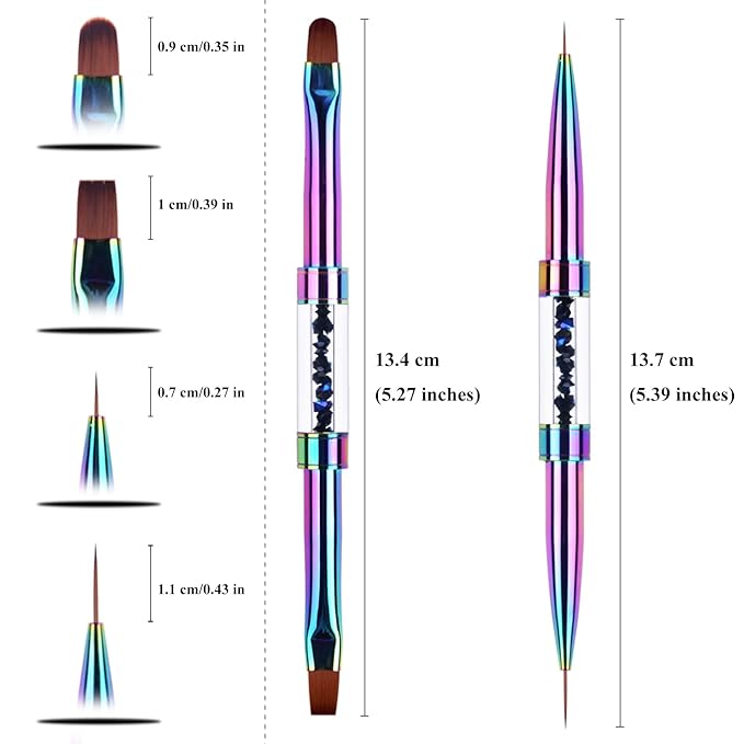 2Pcs Dual-ended Nail Design Brushes Rhinestone Handle UV Gel Nail Brush Set Professional Nail Art Tools Rainbow