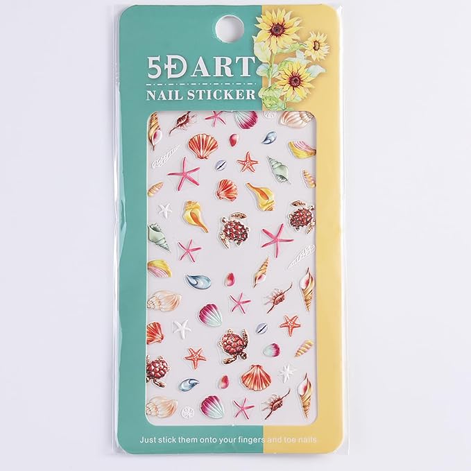 1 Sheets Summer Nail Stickers for Nail Art 5D Embossed Conch Starfish Nail Decals Ocean Beach Nail Art Stickers Self-Adhesive Sea Turtles Seashell Nail Design Decals for Women Acrylic Nails Supplies