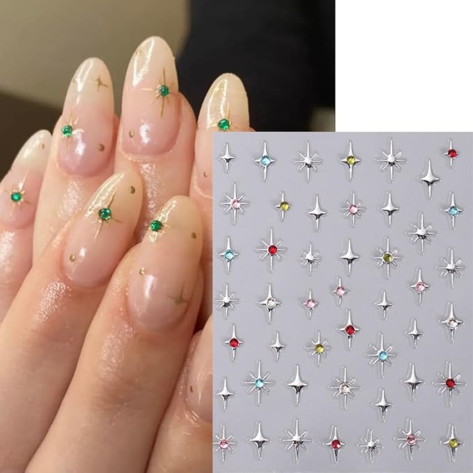6 Sheets Star Nail Art Stickers Glitter Rhinestones Star Nail Design Stickers Gold Silver Nail Decals Colour Gems Nail Decor 3D Self Adhesive Starlight Nail Art Supplies for Women DIY Manicure
