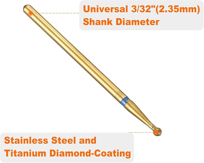HARFINGTON 6pcs 120-140 Grits Diamond Grinding Bit 2mm Ball Head 2.35mm Shank 2mm Length Titanium Plated Stone Sanding Drill Bits Rotary Tool for Nails Grinding Polishing