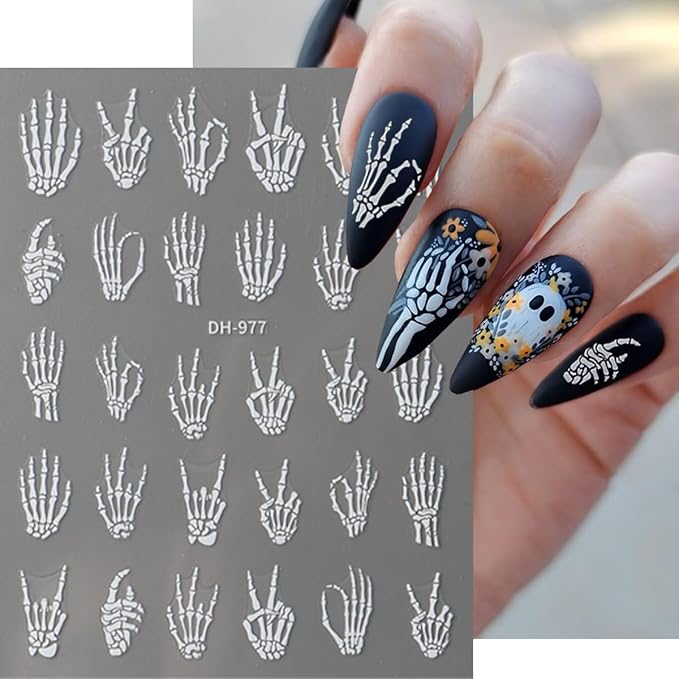 Halloween Nail Art Stickers Decals Horror Hand Bones Skeleton Skull Design Nail Stickers 5D Embossed Goth Nail Decals for Women DIY Manicure Halloween Party Nails Decorations 4 Sheets