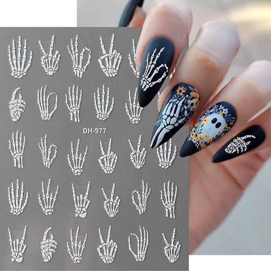 Halloween Nail Art Stickers Decals Horror Hand Bones Skeleton Skull Design Nail Stickers 5D Embossed Goth Nail Decals for Women DIY Manicure Halloween Party Nails Decorations 4 Sheets