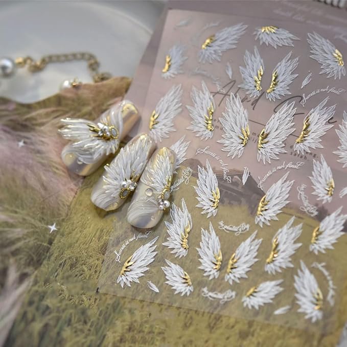 2PCS Angel Wings Nail Art Stickers, White and Gold, 5D Embossed Self-Adhesive Holographic Metal Manicure Decorations for Women
