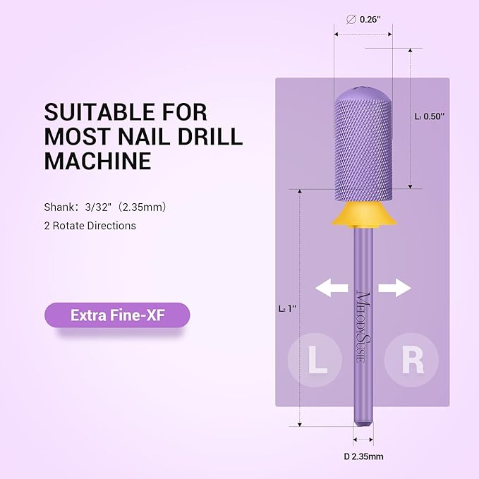 MelodySusie Safety Nail Drill Bits, 3/32'' Smooth Round Top Large Barrel Carbide Bits, Suitable for Manicure Pedicure Cuticle Gel Polishing, Beginners Bits, Purple, Series Bit-S, XF