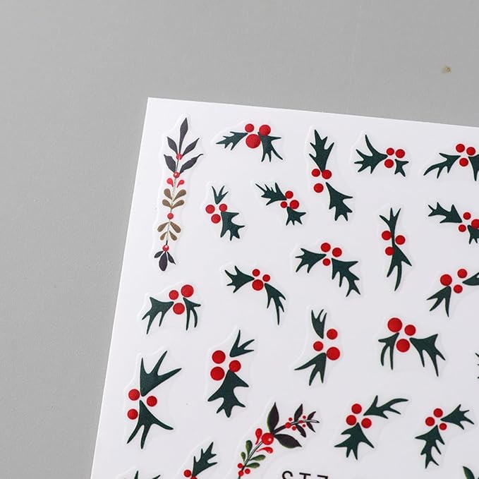 6PCS Christmas Nail Art Stickers Holly Nail Decals 3D Self-Adhesive Nail Stickers Christmas Tree Nail Art Supplies Green Leaves Holly Fruit Nails Accessories for Women Xmas Acrylic Manicure Decoration