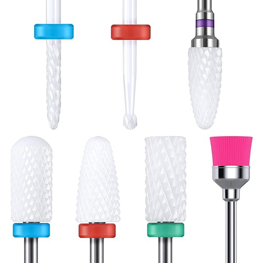 MelodySusie Ceramic Nail Drill Bits Set, 3/32'' (2.35mm) Professional Acrylic Nail File Drill Bit for Manicure Pedicure Cuticle Gel Nail Polishing 7Pcs
