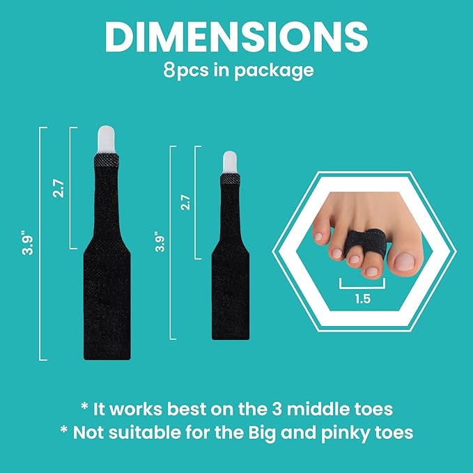 8 Pack Hammer Toe Corrector Toe Splint For Broken Toes,Brace Orthopedic Separator, Cushioned Bandages, Heal Wrap Toe Straighteners for Crooked Toes (Black)
