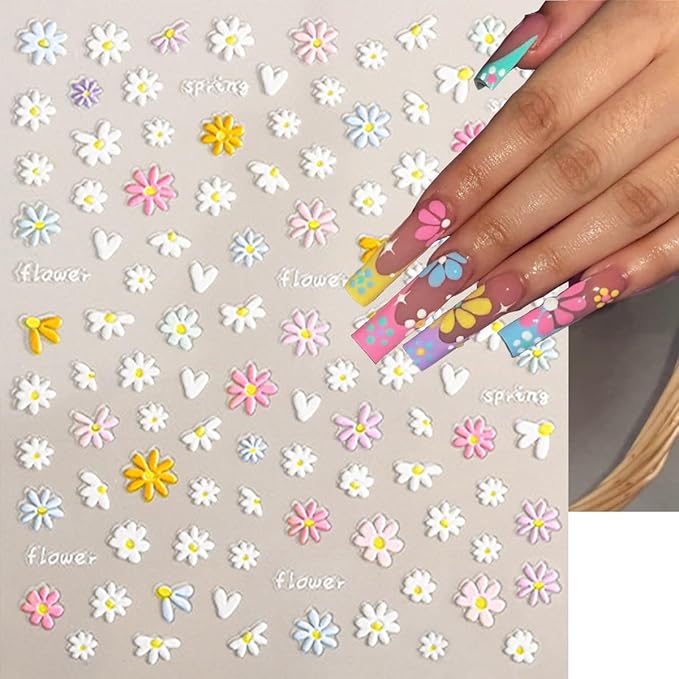 6 Sheets Flower Nail Art Stickers Colour Daisy Nail Decals 5D Embossed Pink White Floral Nail Design Stickers Spring Nail Decor Self-Adhesive Design Flower Acrylic Nail Art Supplies for Women