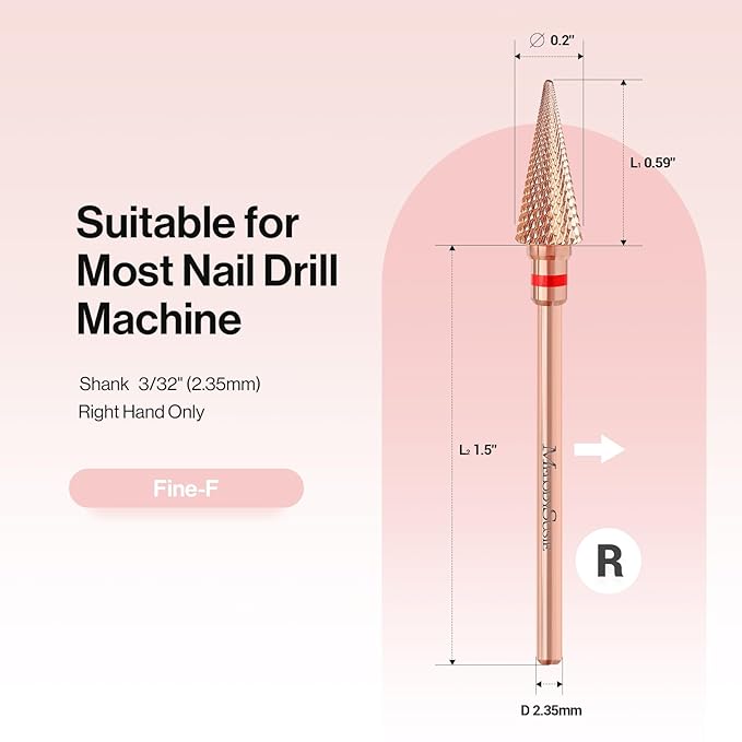 MelodySusie Professional Tapered Nib Nail Drill Bit, 3/32'' Carbide Tungsten Multi-function Bit, Suitable for Manicure Pedicure Cuticle Gel Polishing, Technicians Bit, Rose Gold, Series Bit-M, Fine