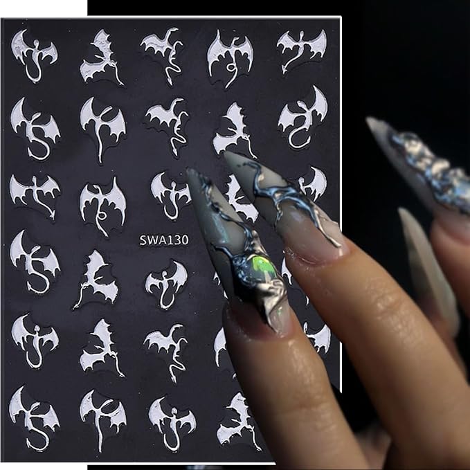 6Pcs Halloween Nail Art Stickers 3D Holographic Flying Dragon Nail Decals Self Adhesive Horror Bat Nail Stickers Laser Gold Silver Bat Dragon Design Halloween Nail Supplies for Women Holiday Manicure