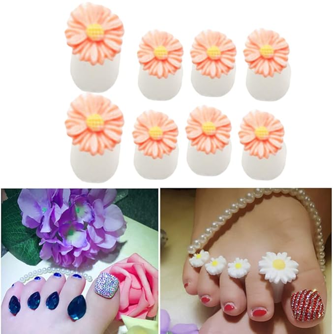 8Pcs Silicone Toe Separators, Daisy Flower Toe Separators Gel Foot Toe Spacers Separators Bunion Corrector for Pedicures Nail Polish Salon, Orange