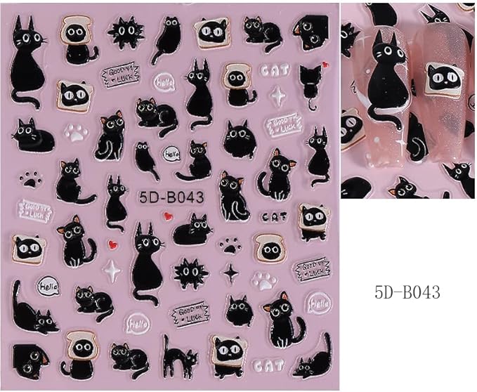 2Pcs Halloween Nail Stickers Blcak Cat Decals for Nail Art Scare Cat Nail Art Deign 5D Embossed Funny Cute Cats Nails Supplies Cat's Paw Nails Acrylic Accessories for Women DIY Manicure Decorations