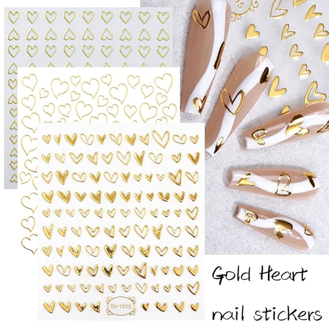 9 Sheets Heart Nail Art Stickers - Metallic Nail Decals 3D Valentine's Day Nail Art Supplies Heart Love Glitter Gold Silver Nail Designs Sticker for Women Girls Valentine’s DIY Manicure Decorations