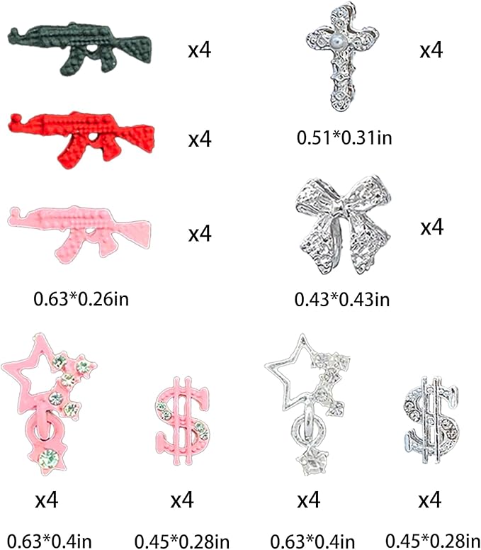 124PCS Nail Charms for Acrylic Nails - Silver Jewels Cat Bow Planet Gun Dollar Sign Star Cross Resin Flower Candy Accessories for Art Supplies Manicure Craft DIY