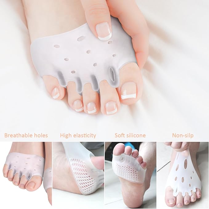 4 Pairs Silicone Toe Separators, Metatarsal Pads, Gel Toe Separators, Ball of Foot Cushions, Toe Separators for Overlapping Toes to Foot Pressure Relief (White Blue Clear Skin-color)