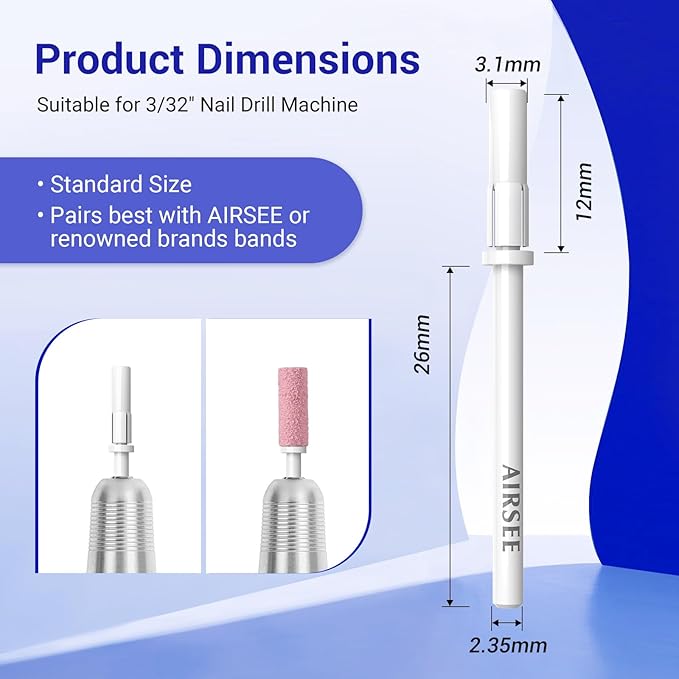 AIRSEE 3.1mm Small Nail Drill Mandrel Bits for Mini Efile Sanding Bands, Stainless Steel Professional Electric Head Clean Remove Cuticle Removing, Acrylic Manicure Sander Safety (White)