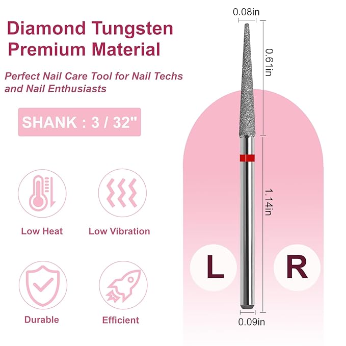 Cuticle Nail Drill Bit, 3/32'' Professional Safety Diamond Under Nail Cleaner for Cuticle Dead Skin Nail Prepare, Beginners Bits, Experienced Tech,Long Pointed Cone (Fine)