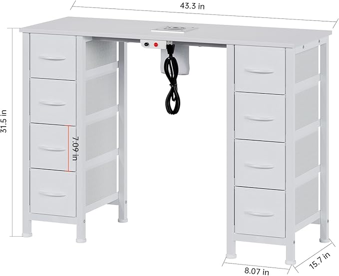 Nail Desk, Manicure Table, Nail Beauty Salon Workstation w/Electric Dust Collector, 8 Fabric Drawers
