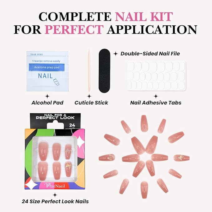 Perfect Look Press On Nails - Rose Wings | No Glue One-Day Glossy Pink Nude Coffin Nails with 3D Butterfly Accents - 24 Pcs Nail Kit with Adhesive Tabs