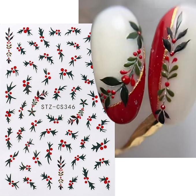Christmas Nail Art Stickers Green Nail Decals with Green Leaves Red Beans Design 3D Self-Adhesive Nail Stickers Acrylic Accessories Nail Supplies for Women DIY Christmas Decorations 4 Sheets