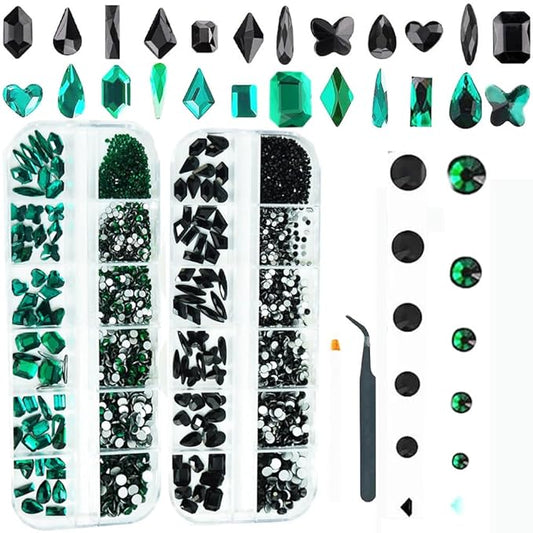 2700 Pcs Green and Black Nails Rhinestones, 120Pcs Big Green and Black Diamond Nail Gem Stones with SS5 SS8 SS10 SS12 SS16 Glass Flatback Round Beads, Glass Jewelry for Nails Art Decoration