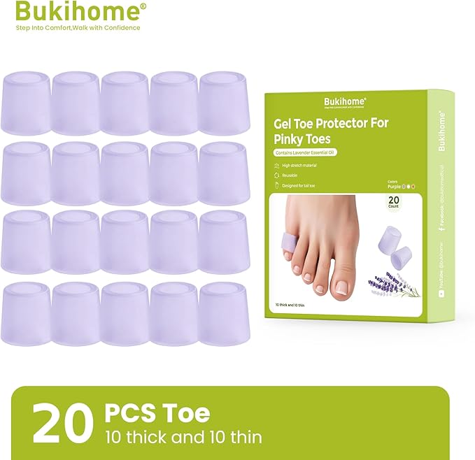 Bukihome Silicone Toe Protectors – Silicone Open Pinky Toe Sleeves for Hammer Toes, Corns, Calluses, Blisters – Soft Gel Protector Toe Cushions for Pain Relief - 20 Count, Lavender (10 Thick +10 Thin)