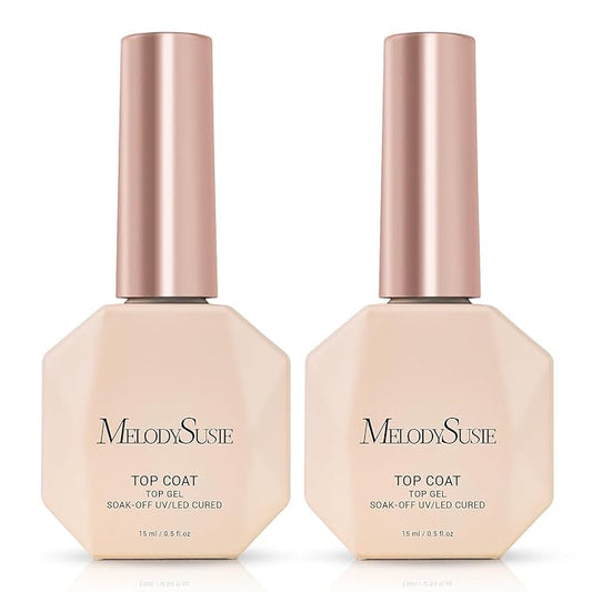 MelodySusie No Wipe Glossy Top Coat Long Lasting Shine Finish Soak Off UV LED Nail Lamp Nail Polish Art Design Manicure Kit Perfect Gifts for Women Girls 2 Pcs 15ml Clear