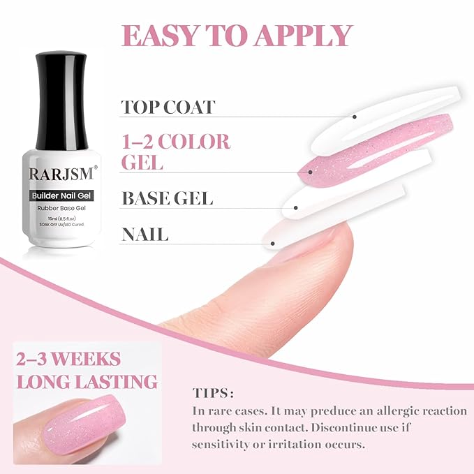 RARJSM Nude Sweet Pink Rainbow Glitter Rubber Base Coat Gel Nail Polish Natural Skin Tone Iridescent Shimmer Brush on Extend Jelly Gelpolish Soak Off Curing Requires 15ml Salon Home French Manicure
