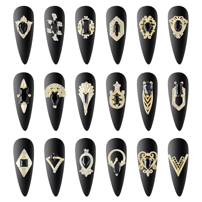 HNUIX Nail Charms and Gems - Gold Copper Zircon, Multiple Shapes, Metal BlackJewelry Rhinestones Charms, 18 Pieces