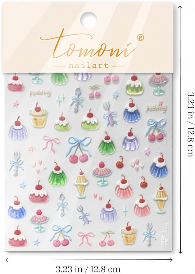 Sweet Desserts Nail Stickers 5D Embossed – Premium Salon-Quality Nail Charm Accessories, Easy Application & Self-Adhesive Cherry Cake Bowknot for DIY Manicure, Nail Art, Press on, Home or Salon Use