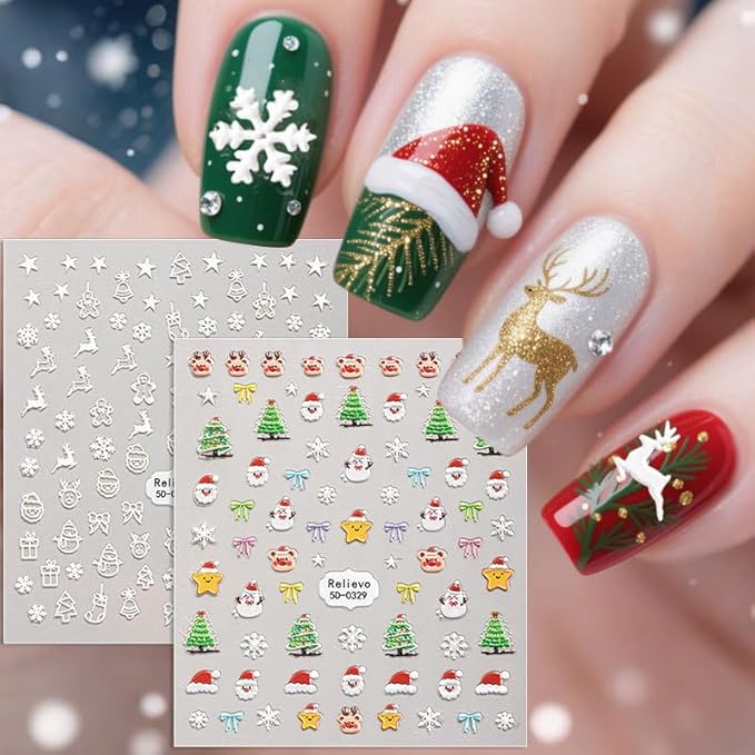 5 SheetsChristmas Nail Stickers for Nail Art, 5D Embossed Self-Adhesive Trees Nail Decals, Mushroom Nail Supplies Nail Art Design Accessories for Women and Girls Manicure DIY Decoration