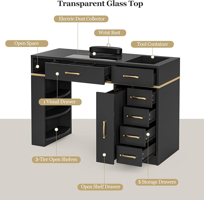 Paddie Manicure Table with Dust Collector, Glass Top Nail Tech Table Nail Desk Station w/7 Storage Drawers & 3-Tiers Open Shelves, Nail Beauty Workstation w/Wrist Cushion & Golden Handles(Black)