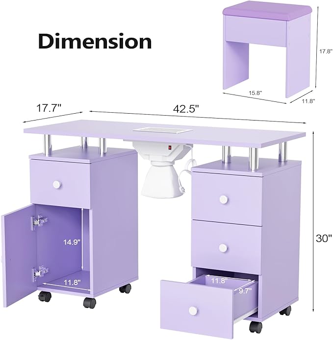 OmySalon Nail Desk and Chair Set, Manicure Table with Dust Collector, Arm Rest, 8 Wheels, Acetone Resistant Desktop, Drawers & Cabinet Storage for Makeup Beauty Salon (Lavender)
