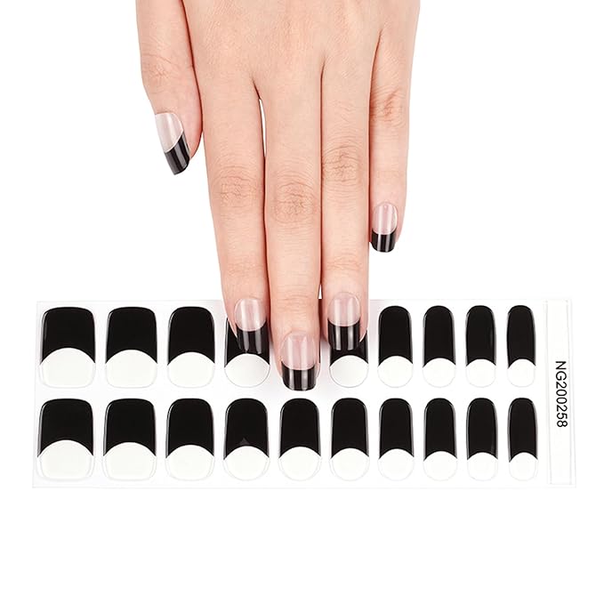 Semi Cured Gel Nail Strips, 20pcs Nail Polish Stickers, French Black Gel Nail Stickers - Work with Any UV Lamp, Long Lasting Full Wraps with Nails File and Stick