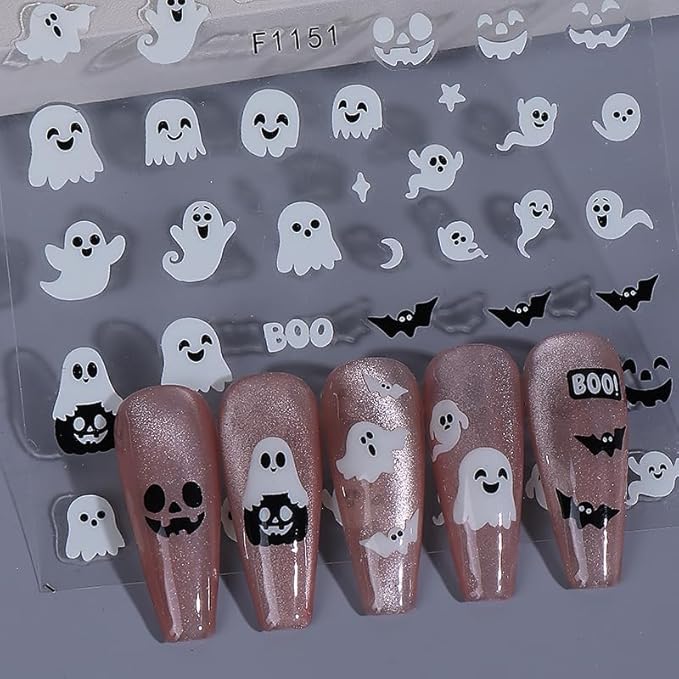 Halloween Nail Art Stickers Decals 3D Self-Adhesive Cute Luminous Ghost Nail Stickers 6 Sheets Glow in The Dark Ghost Bat Nail Decals Supplies Halloween Stickers for Women DIY Manicure Decorations