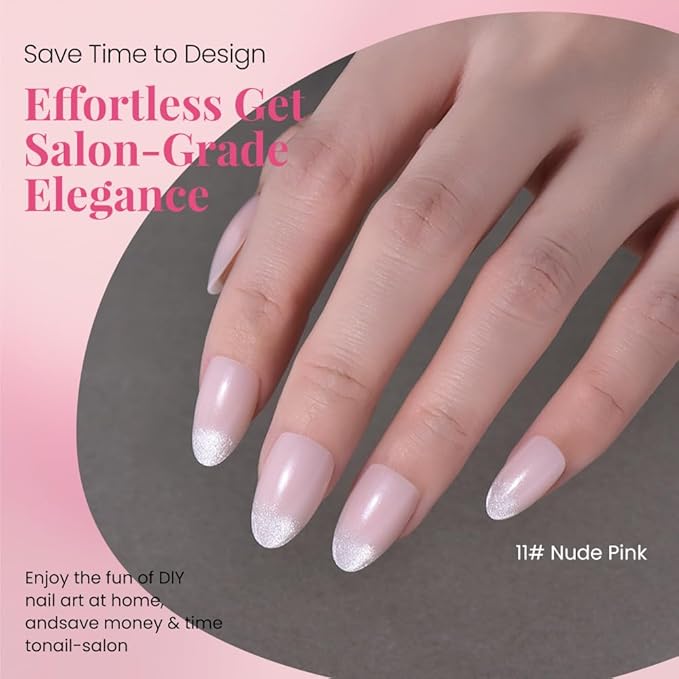 Cat Eye Press on Nails Short Almond - Light Purple & Nude Pink Shimmer Glossy French Tip Press on Nails for Gift, Soft Gel Press Glue On Nail with Nail Glue, Full Cover Reusable Acrylic Fake Nails Kit