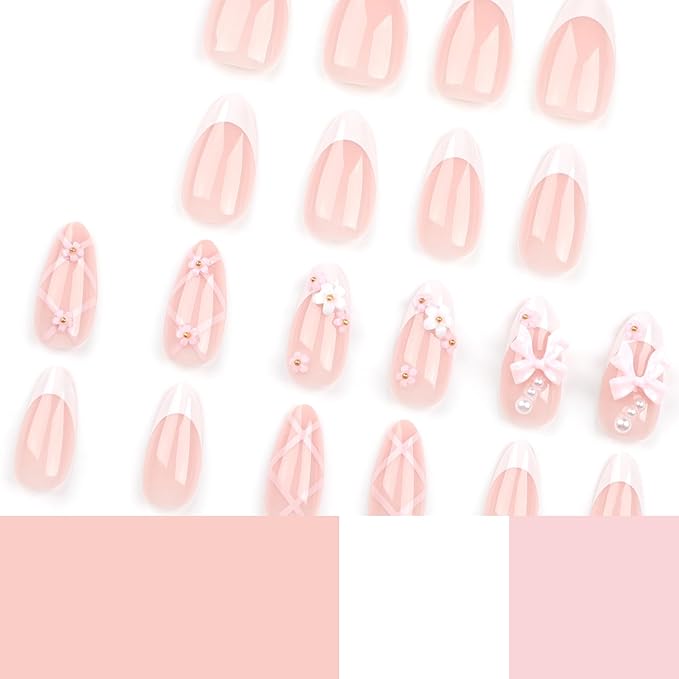 French Press On Nails Medium Rhinestone Pink Fake Nails Almond Bling Glossy 3D Flower False Nail Tips Glue On Nails Full Cover Artificial Nails Stick On Nails for Women, 24 Pcs