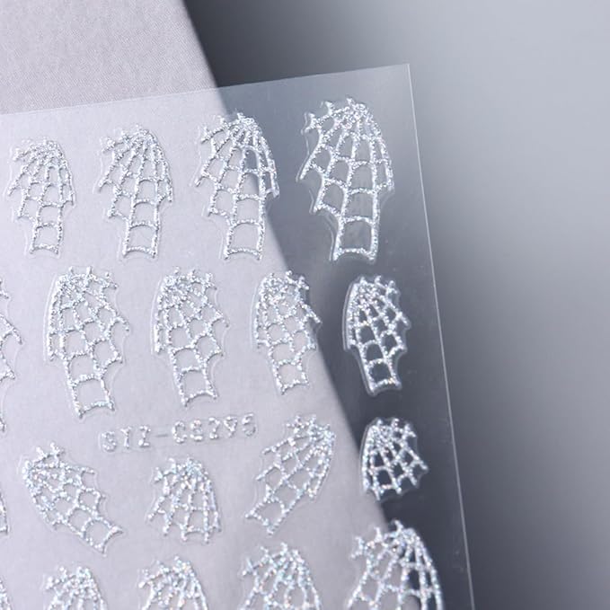 Spider Web Nail Art Stickers 3D Self-Adhesive Halloween Nail Decals 6PCS Glitter Sliver Spider Web Halloween Nails Design Manicure Supply Transfer Sliders for Women Holiday DIY Nail Art Decorations