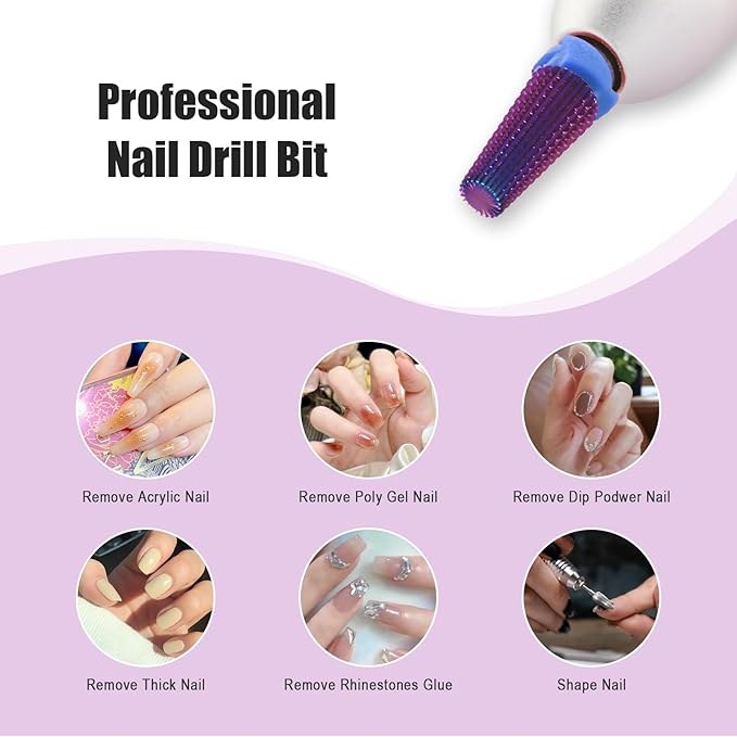 Depvko Super Long 5 in 1 Nail Drill Bits, 3/32'' Carbide Tungsten Bits, Two Way Rotate Professional Advanced Safety Bits for Nail, Fast Remove for Manicure Pedicure (Classic 5in1-Purple, Medium-M)