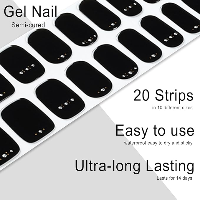 20pcs Semi Cured Gel Nail Strips, Real Nail Polish Art Stickers, Black Diamond Gel Nail Stickers - Work with Any UV Lamp, Long Lasting Full Wraps with Nails File and Stick