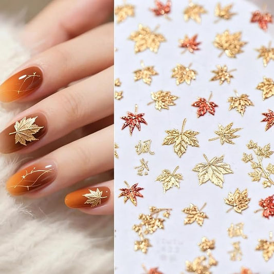 Fall Nail Sticker 5D Embossed Gold Maple Leaves Nail Art Sticker Self Adhesive Nail Decals Thanksgiving Autunm Nail Art for Women Girls Manicure Supplies Nails Art Decorations
