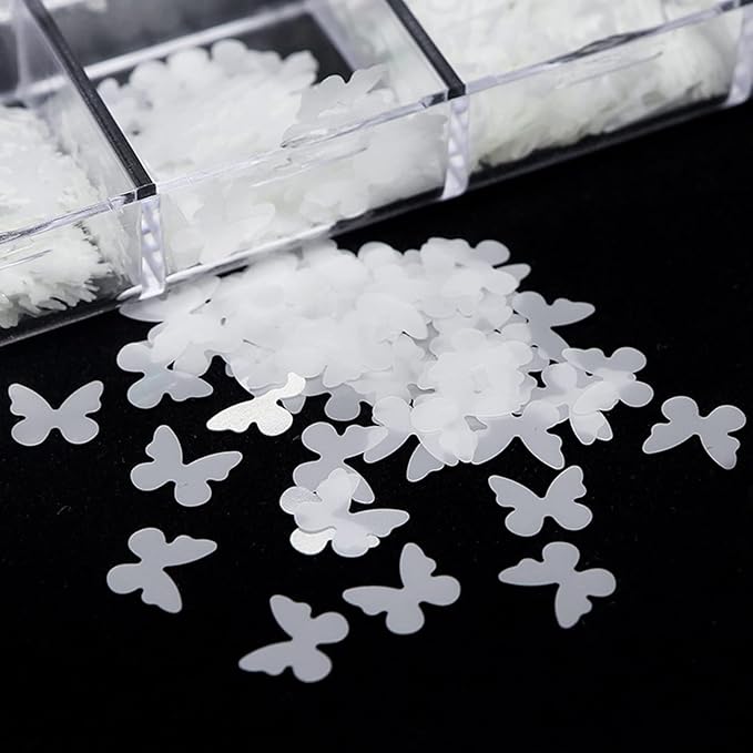 Holographic Glitter Nail Art Sequins - White Flakes Decorations With Love Heart Letters, Butterfly, Flowers, Stars, Circle Design Supplies for Women Girls Manicure DIY Resin Tips
