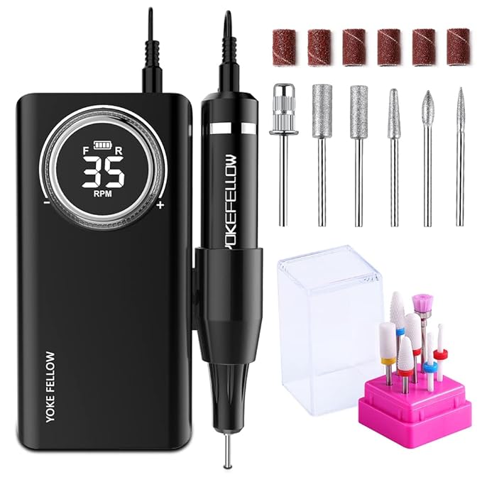 YOKE FELLOW Electric Nail Drill Machine – Professional Nail File with 12 Drill Bits for Nails 35000RPM Portable Nail Drills for Acrylic Nail Tools for Manicure Pedicure