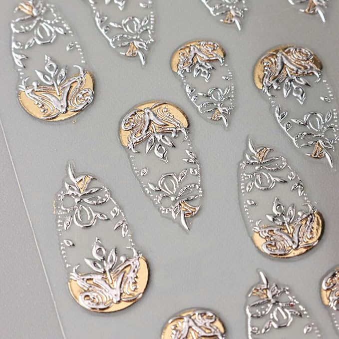 4 Sheets Gold Flower Nail Art Stickers, 5D Embossed Acrylic Decals French Carving Floral Heart Tree Self-Adhesive Nail Art Supplies for Women Girls Designs DIY Manicure Decoration