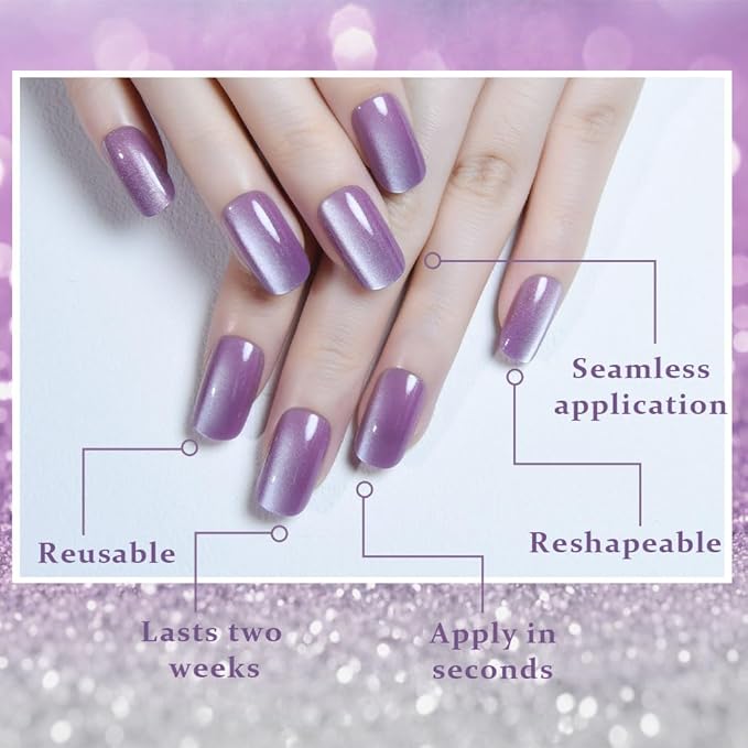 Lavender Purple Cat Eye Press on Nails Medium Square, Medium Square Press Glue on Nails Chrome for Women, Purple Holographic Glitter Glossy Reusable Gel Acrylic Fake Nail with Design Cateye Effect