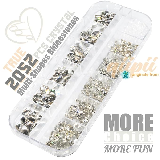 2052 Crystal White Nail Art Rhinestones Silver Clear Nail Charms 72 Multi Shapes Flatback Stones Big Gems +1980 Round Beads K9 Glass Diamonds Crystals Jewels for Nails Face Eyes Makeup Crafts