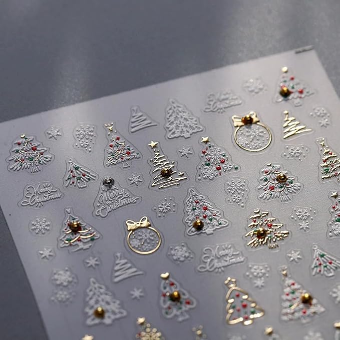 Christmas Nail Art Stickers 5D Christmas Tree Snowflake Nail Decals with Pearl 1PCS White Gold Xmas Tree Crystal Ball Snowflakes Design Self-Adhesive Holiday Stickers for Nails Manicure Decoration