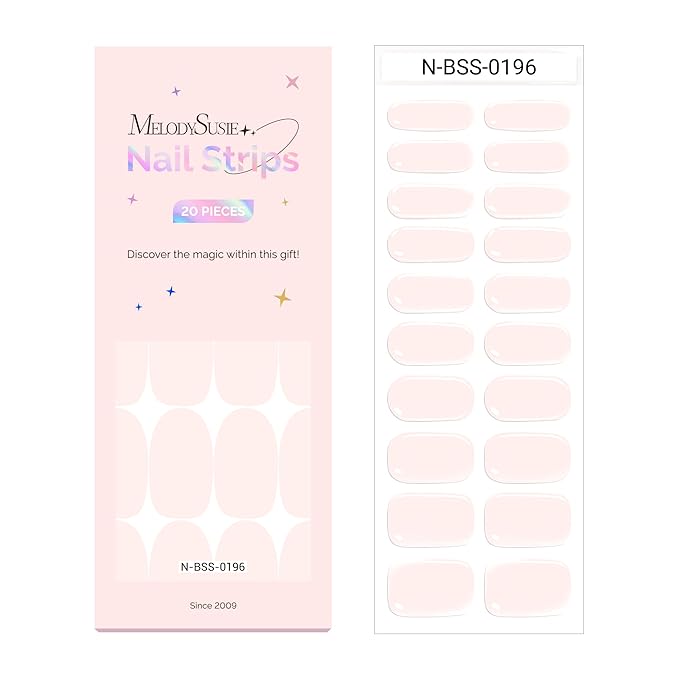 MelodySusie Semi Cured Gel Nail Strips (Pastel Pink)- Works with Nail lamp, Salon-Quality, Long Lasting, Easy to Apply & Remove - Includes 20Pcs, 2 Prep Pads, Nail File & Wooden Stick